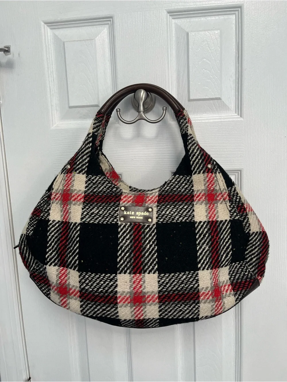 Kate Spade NY Storybook Lining Ruby Park Shon Hobo Bag Plaid Wool Red